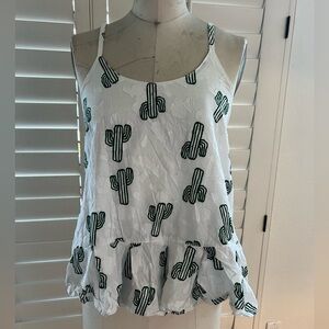 White Ruffled Camisole with Cactus Print